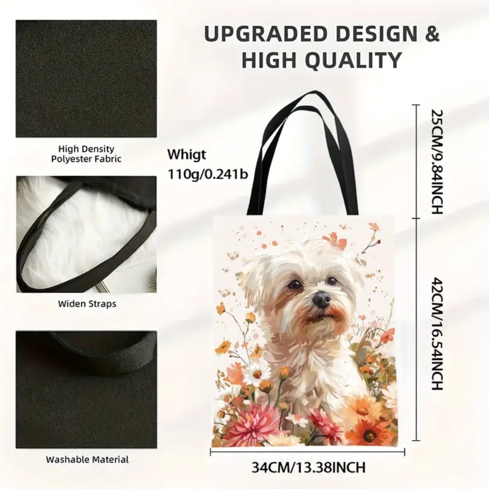 Maltese White Themed Floral Canvas Tote NIP - Picture 2 of 2